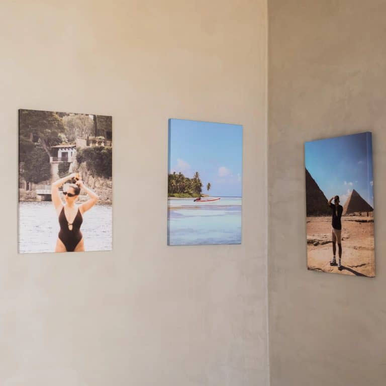 Tela fotográfica pendurada numa parede da sala