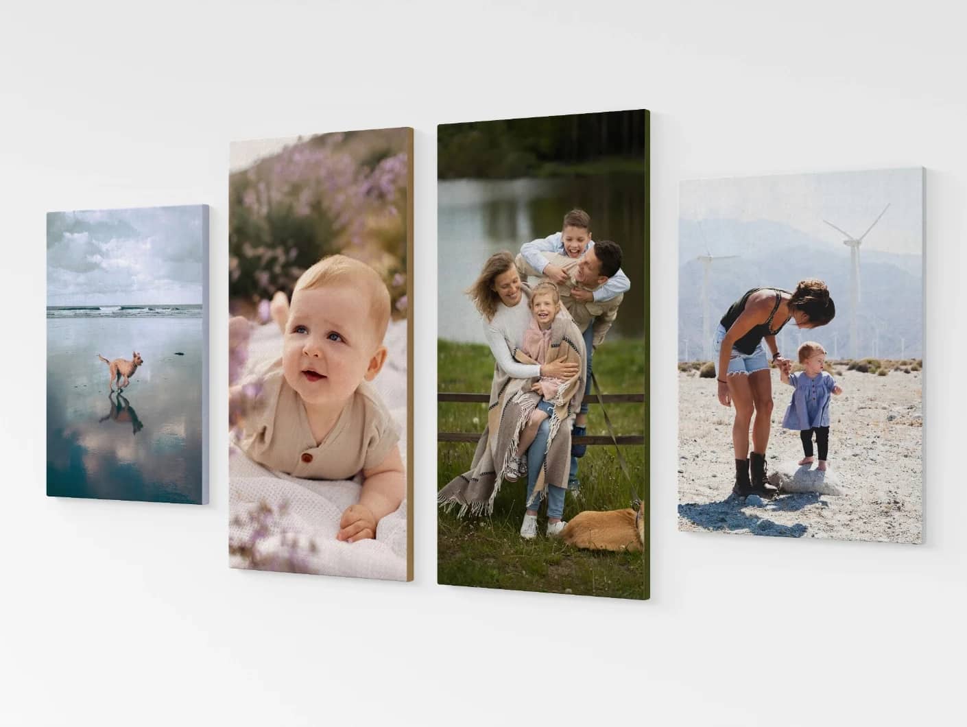 Quatro fotografias de família em tamanhos e orientações diferentes, alinhadas numa parede branca